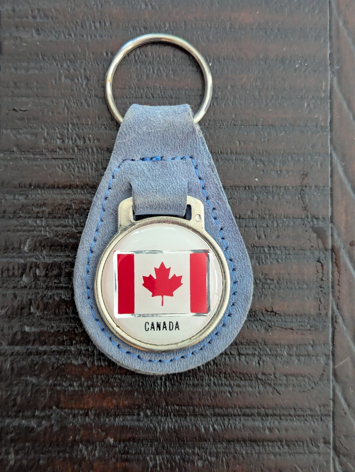 Vintage Canada Flag Enamel & Blue Suede Leather Key Fob Chain 1970s 1980s