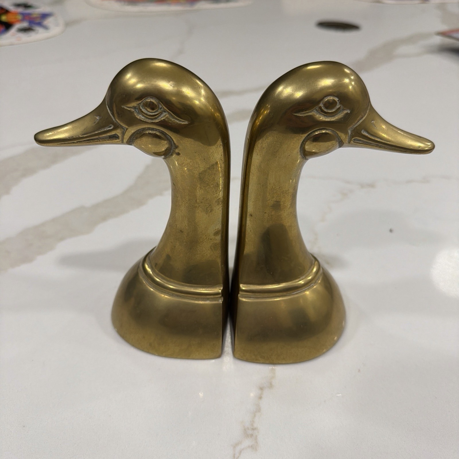 Vintage Solid Brass Duck Head Bookends Pair Set 6.5” Tall Made In Korea