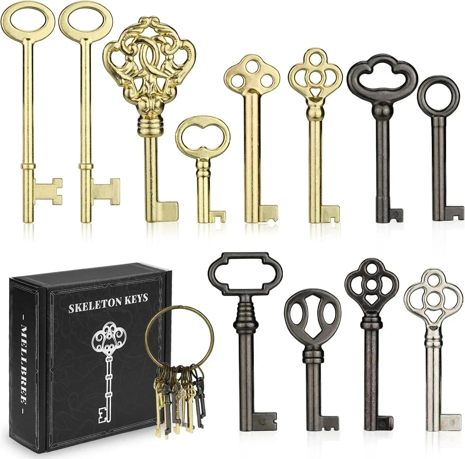 12PC Skeleton Key Set Antique Furniture Cabinet Drawer Clock Hollow Barrel Keys