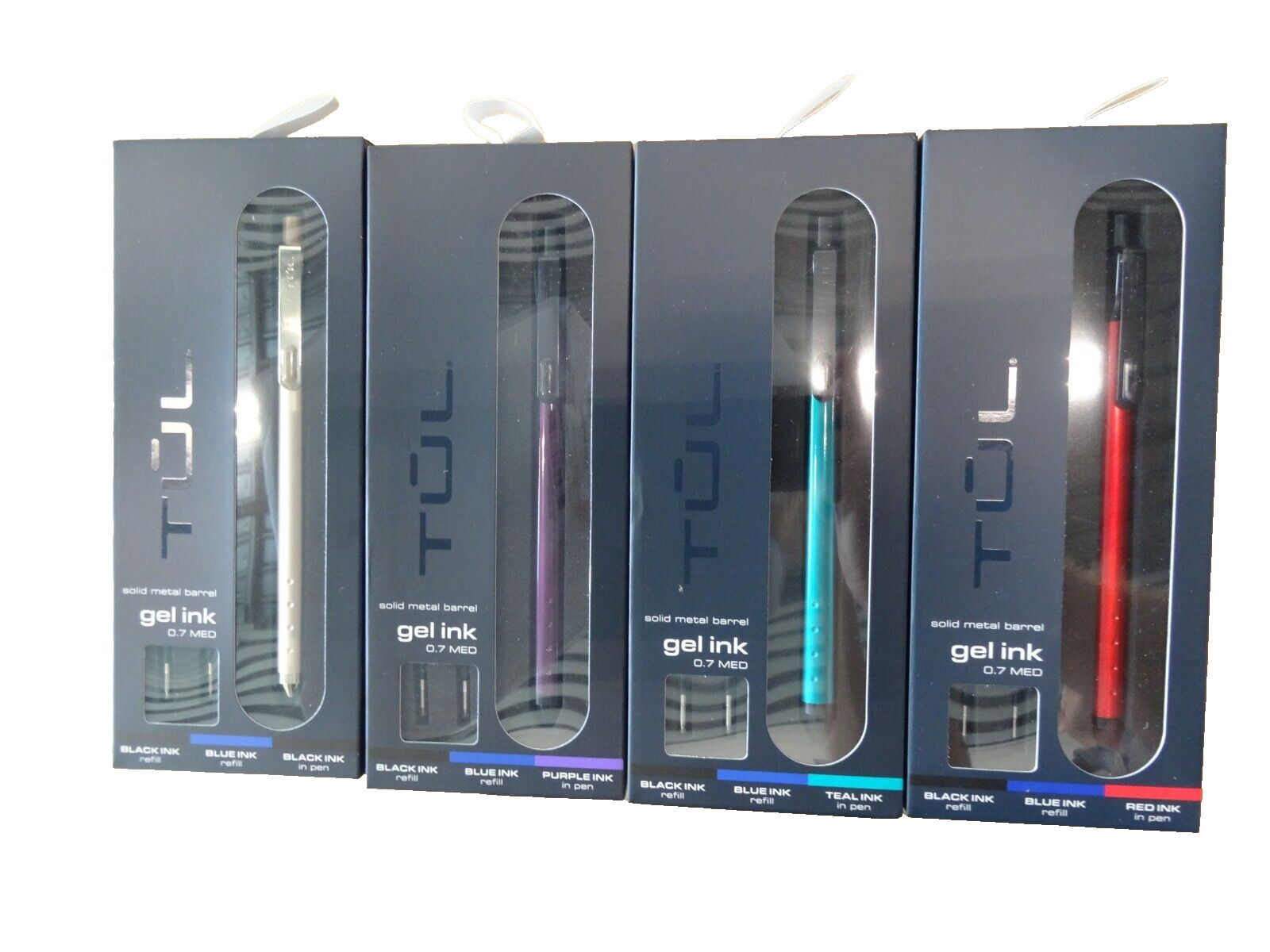 4 TUL Solid Metal Gel Pens, Med, 0.7mm, 2 Refills (Blue & Black) ALL FOUR COLORS