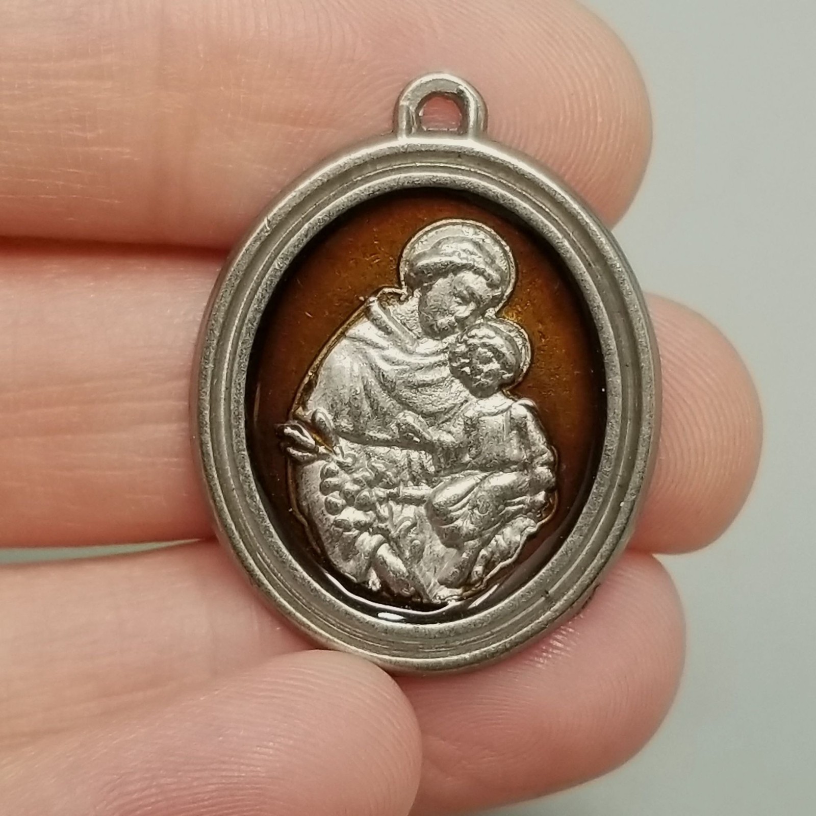 Vintage St Saint Anthony Pray for Us Medal Pendant Charm Silver Tone Enamel