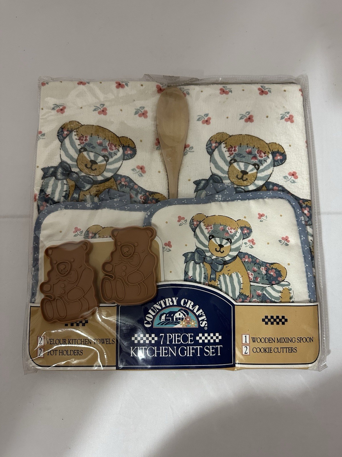VTG 90's  Country Crafts 7 Piece Kitchen Velour Gift Set W/ Bear Design Sealed