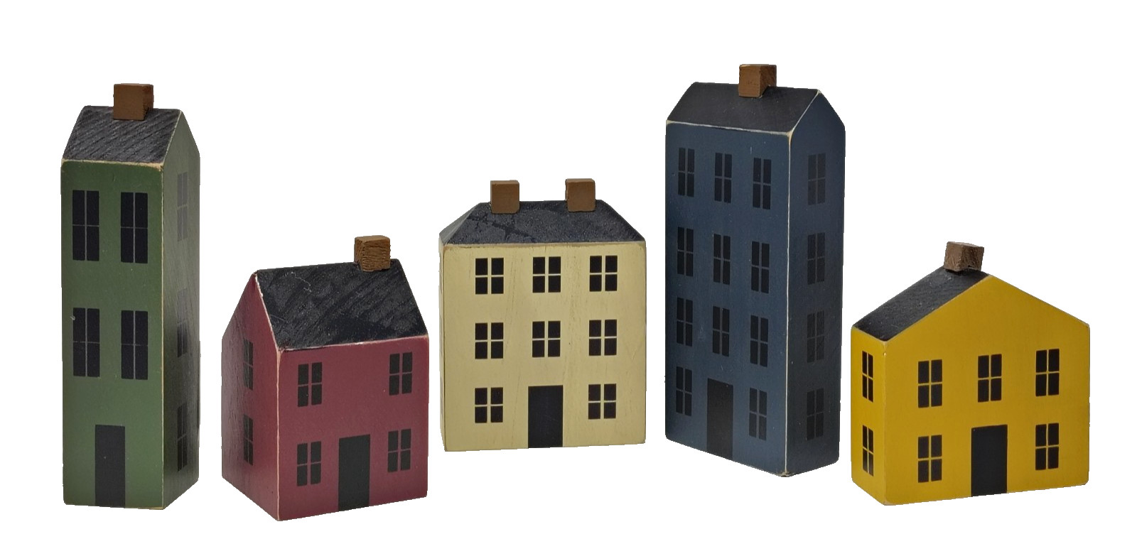 VTG Primitive Folk Art Wood Block Mini House Village Figurine Shelf Sitter