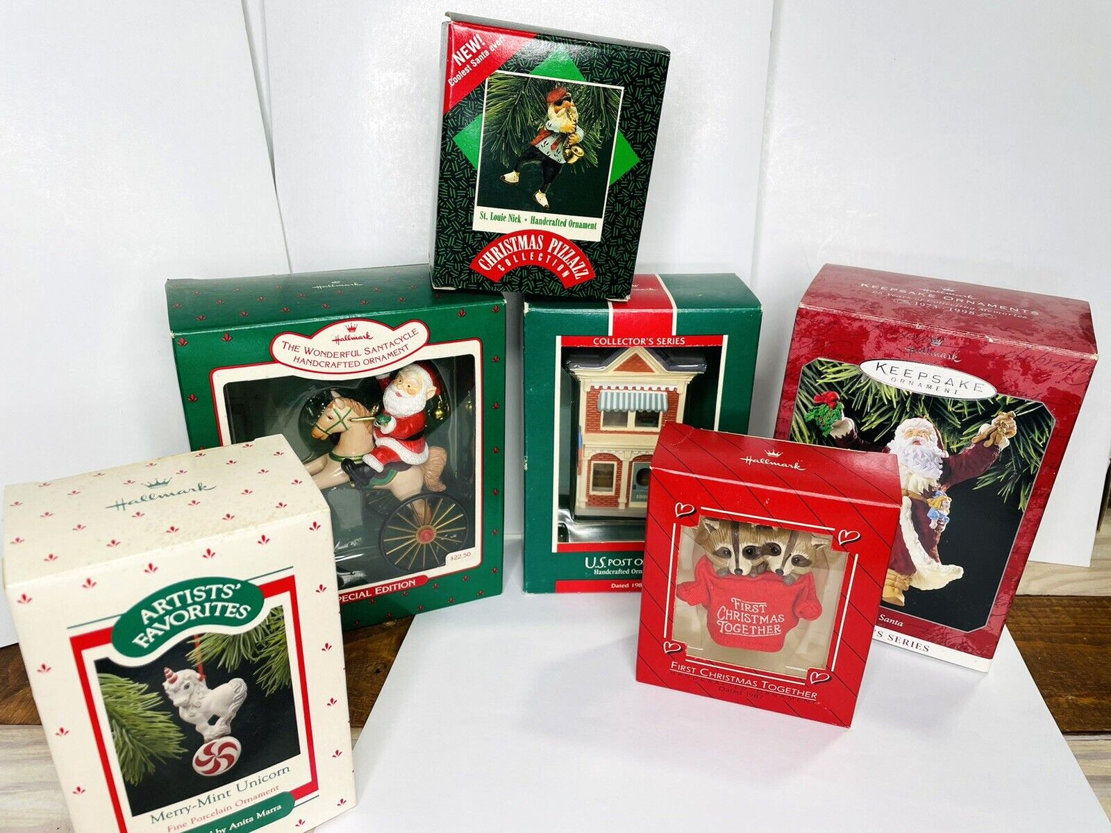 Lot of 6 Hallmark Handcrafted Collectors Ornament 1987-1998 Santa Office Unicorn