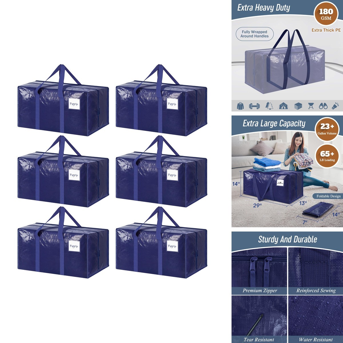 FYGRIP MB24 6 Pack Large Heavy Duty Moving Bags Dark Blue