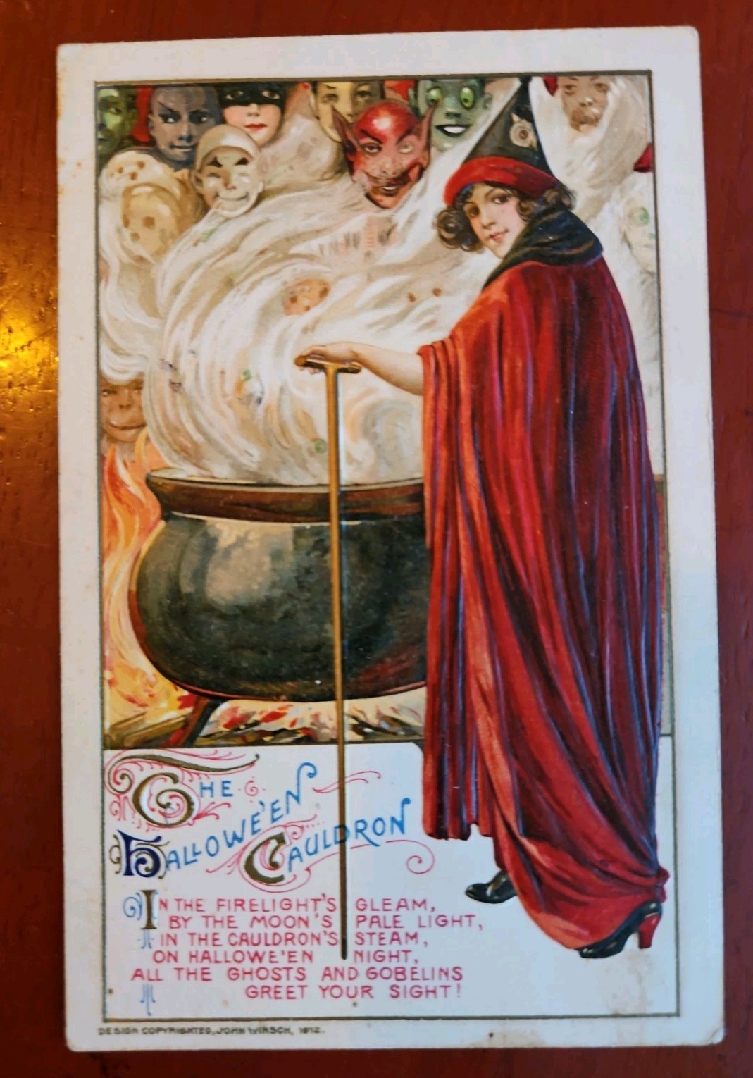 Antique Halloween Postcard Winsch Schmucker Witch In Red Robe  Cauldron & Masks