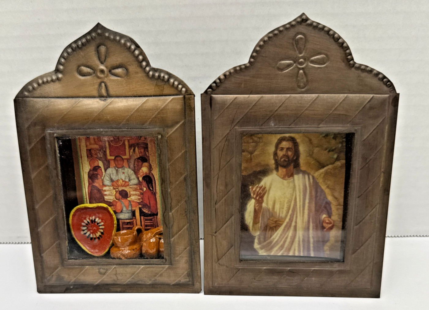 2 Rustic Mexican Tin Nicho Pair Wall Hanging Folk Art Shrine Shadow Boxes Stands