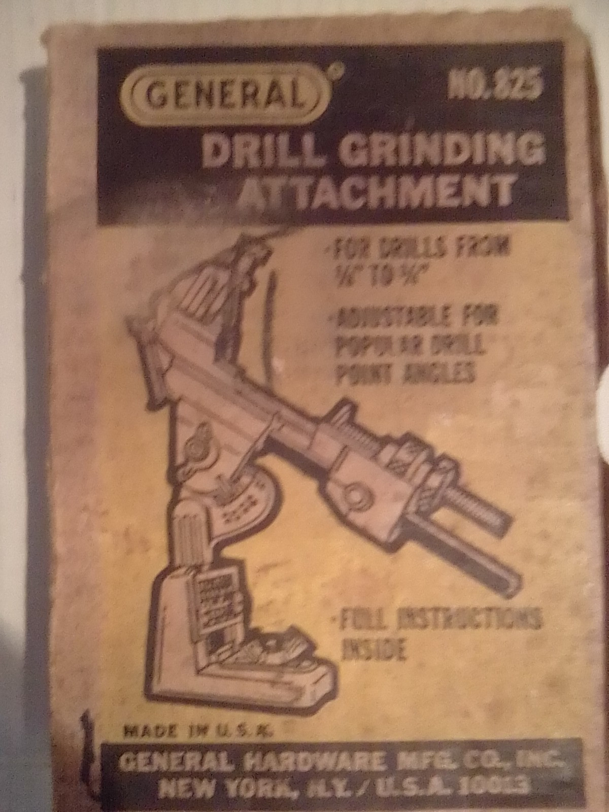 Vintage General Hardware No 825 Drill Grinding Attachment Sharpener Tool Box