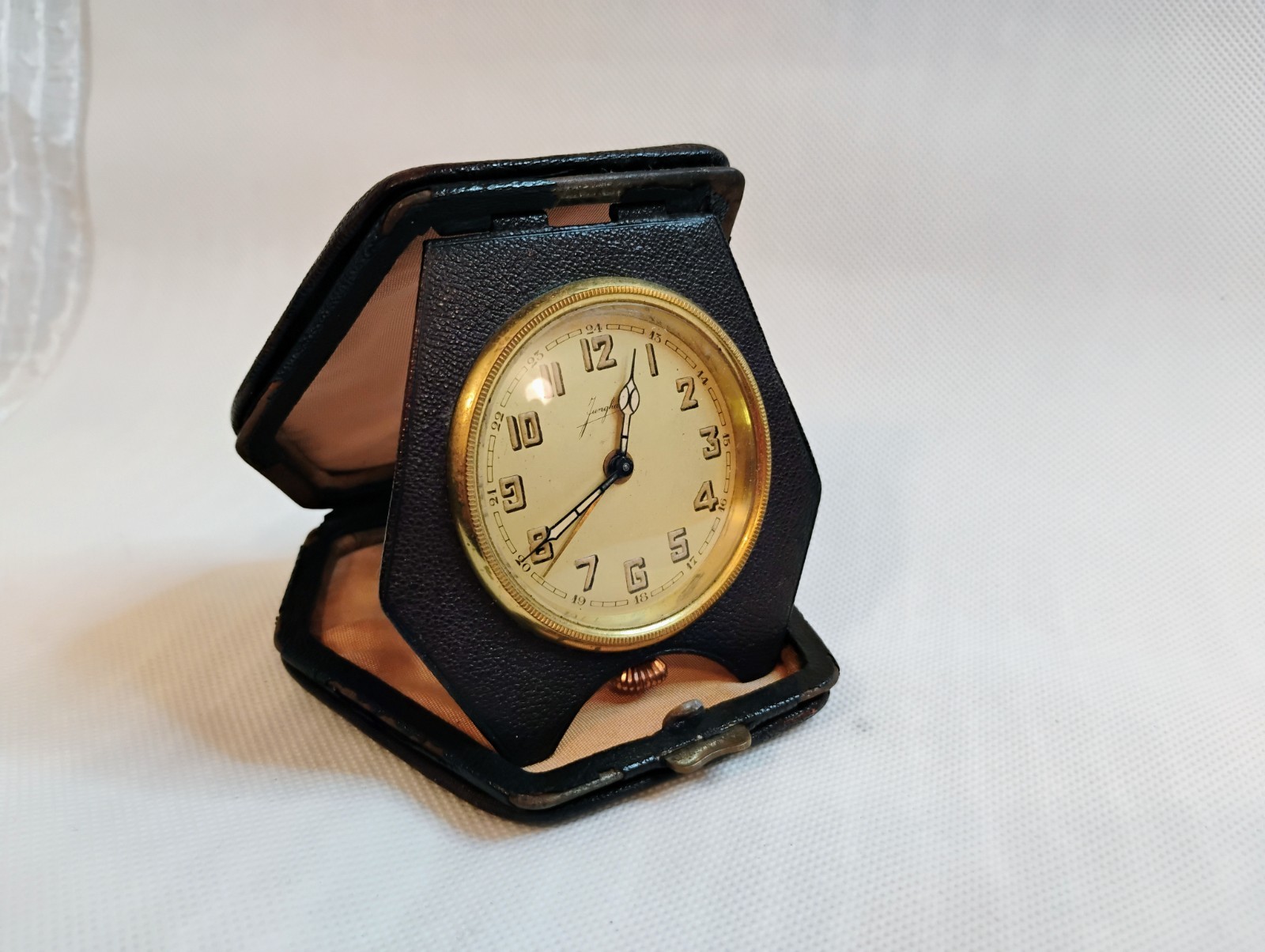 Antique Junghans German Travel Alarm Clock In Alligator Skin Case Restoration