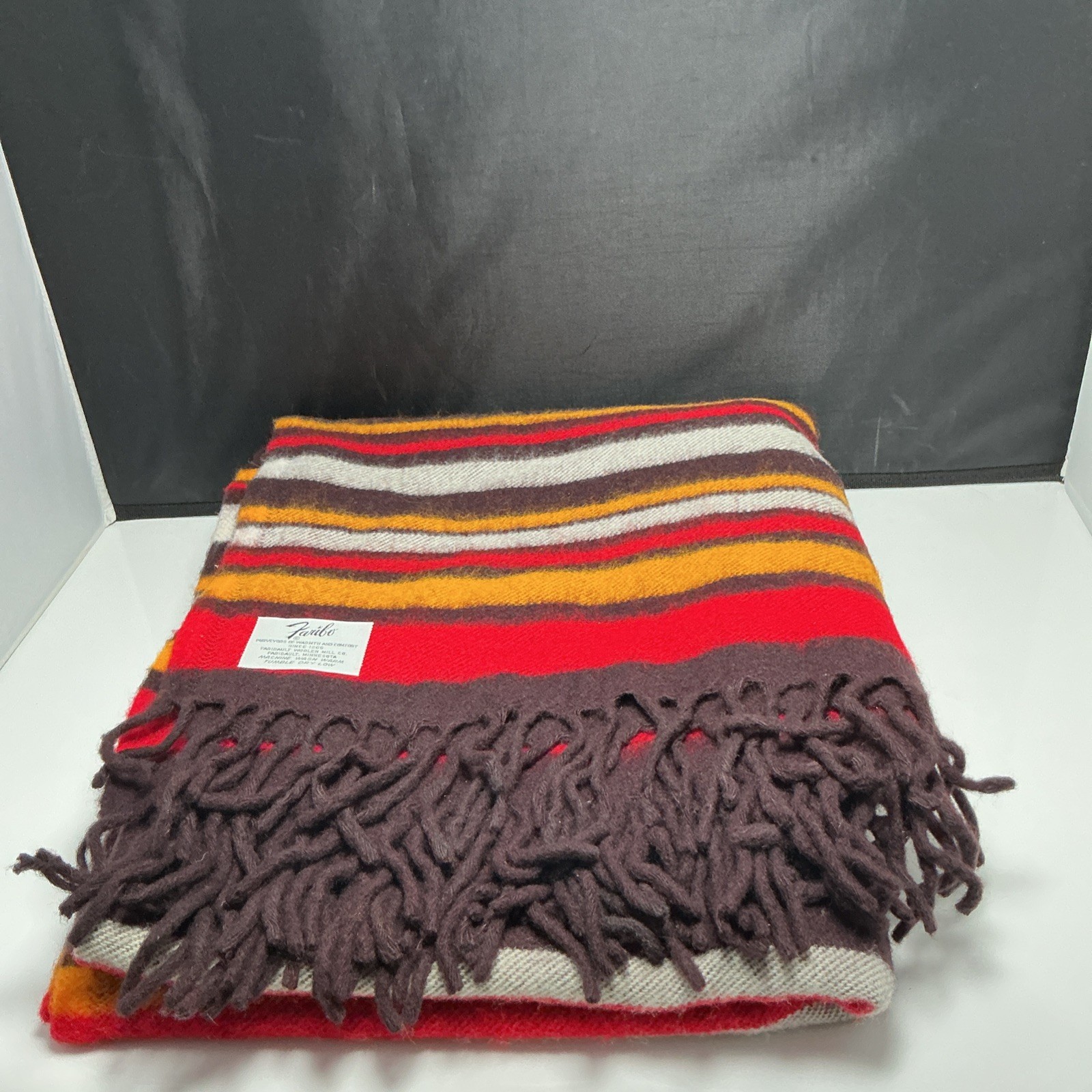 VTG Faribo Wool Blanket Fluff Loomed Fringe Striped MCM Camp Cabin Stadium Throw
