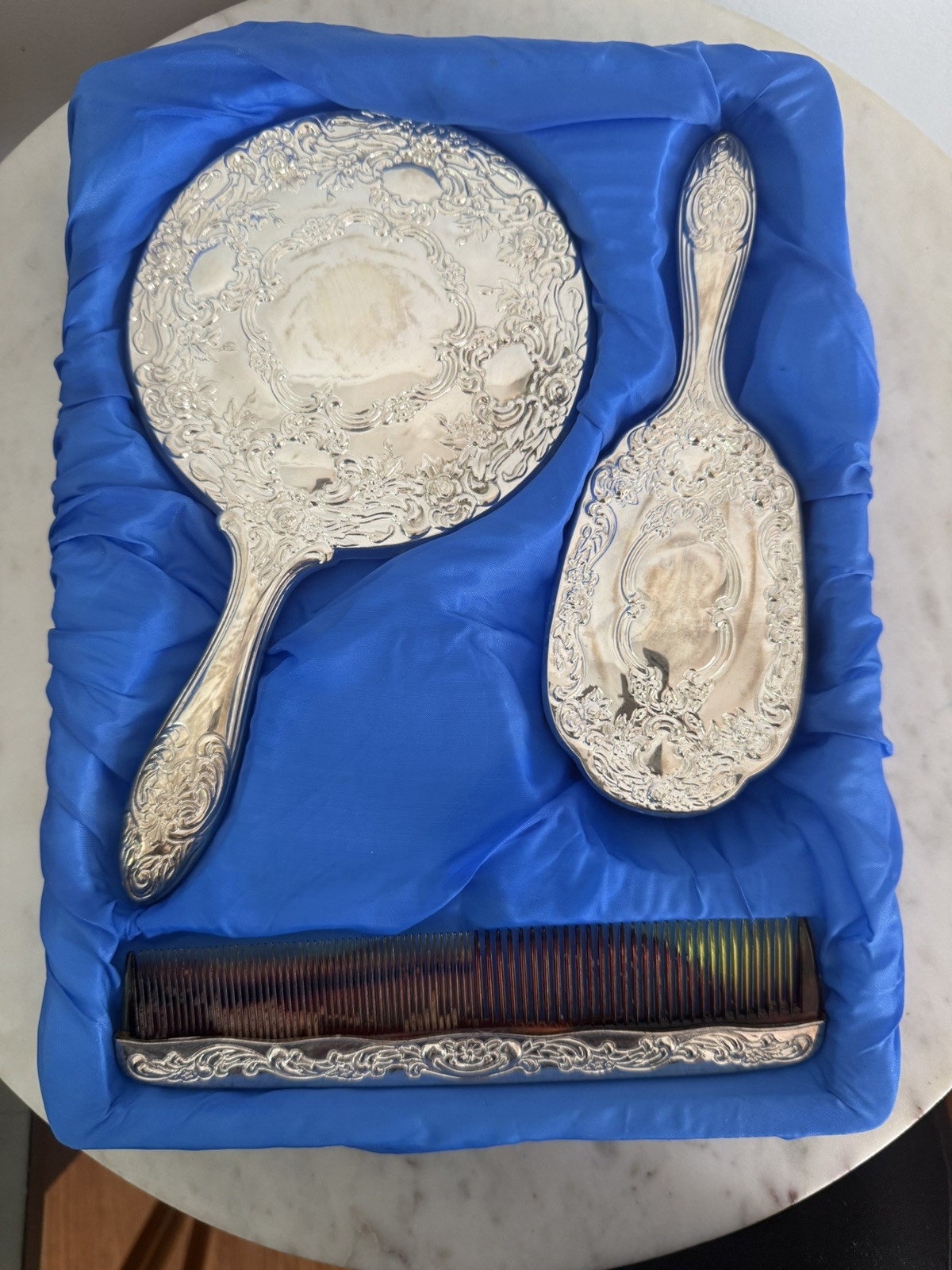 Vintage Silverplated 3-Piece Dresser Set Mirror Brush Comb Made in Hong Kong
