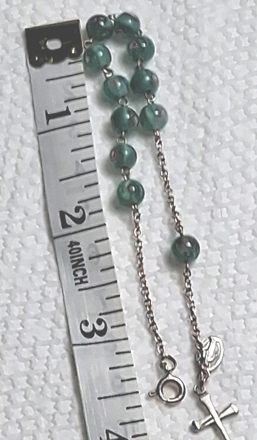 Vintage Sterling Silver Rosary Bracelet Green Glass & Rose Beads 7 3/4