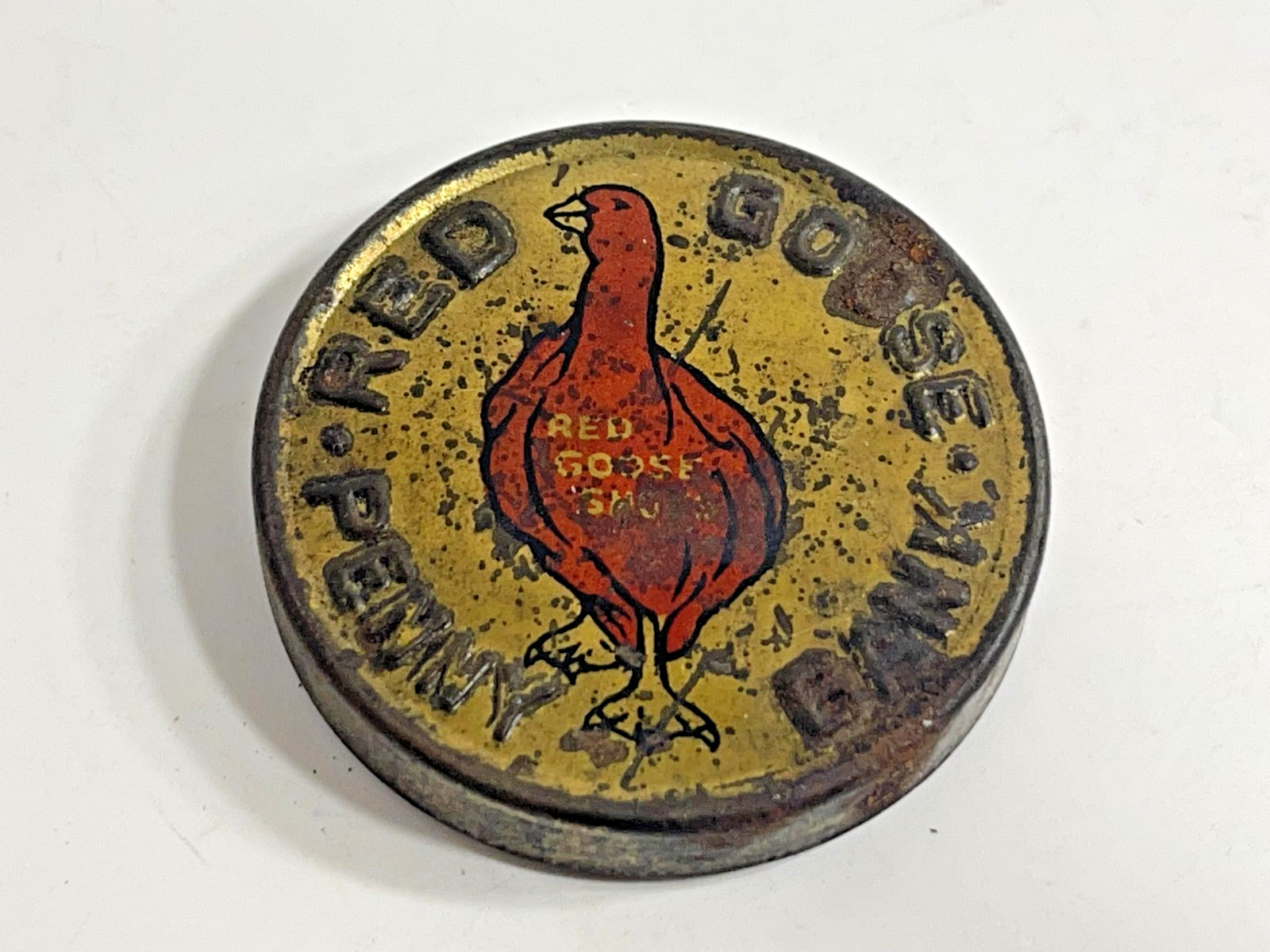 Vintage 1920s Red Goose Shoes Penny Bank - Advertising Metal Coin Bank