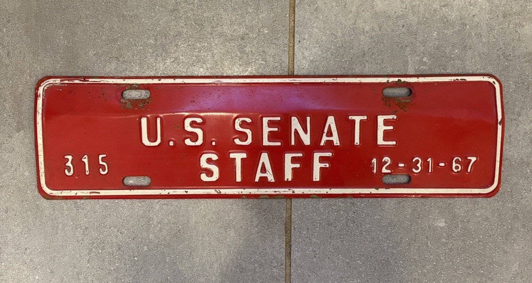 Vintage Rare U.S. SENATE Staff License Plate Topper #315  12-31-67