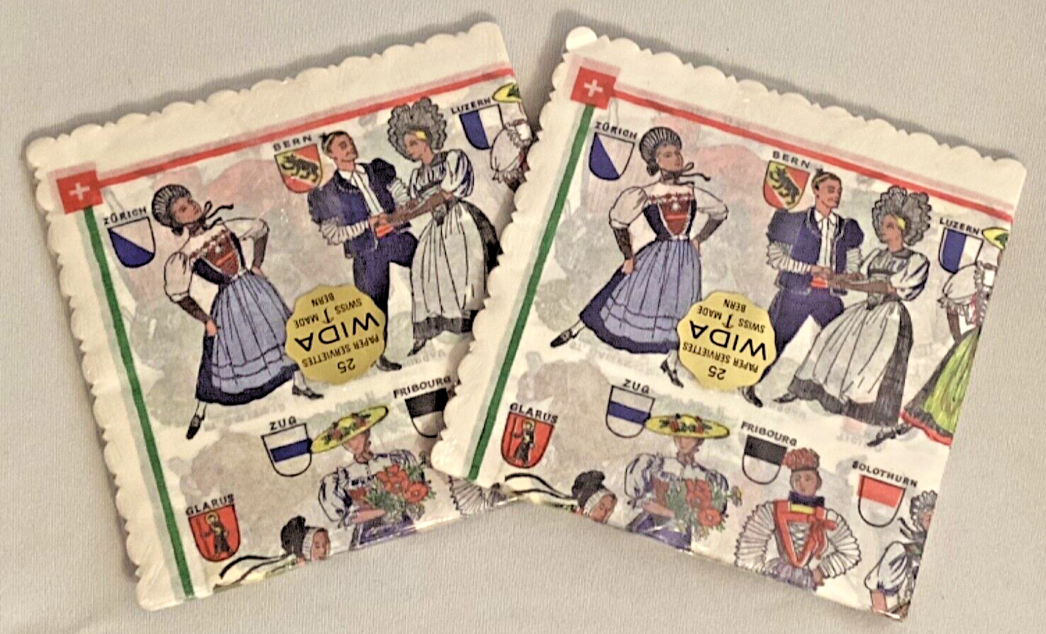 🍋 Vintage NOS Swiss Made WIDA Bern Paper Servettes Napkins People Coat of Arms