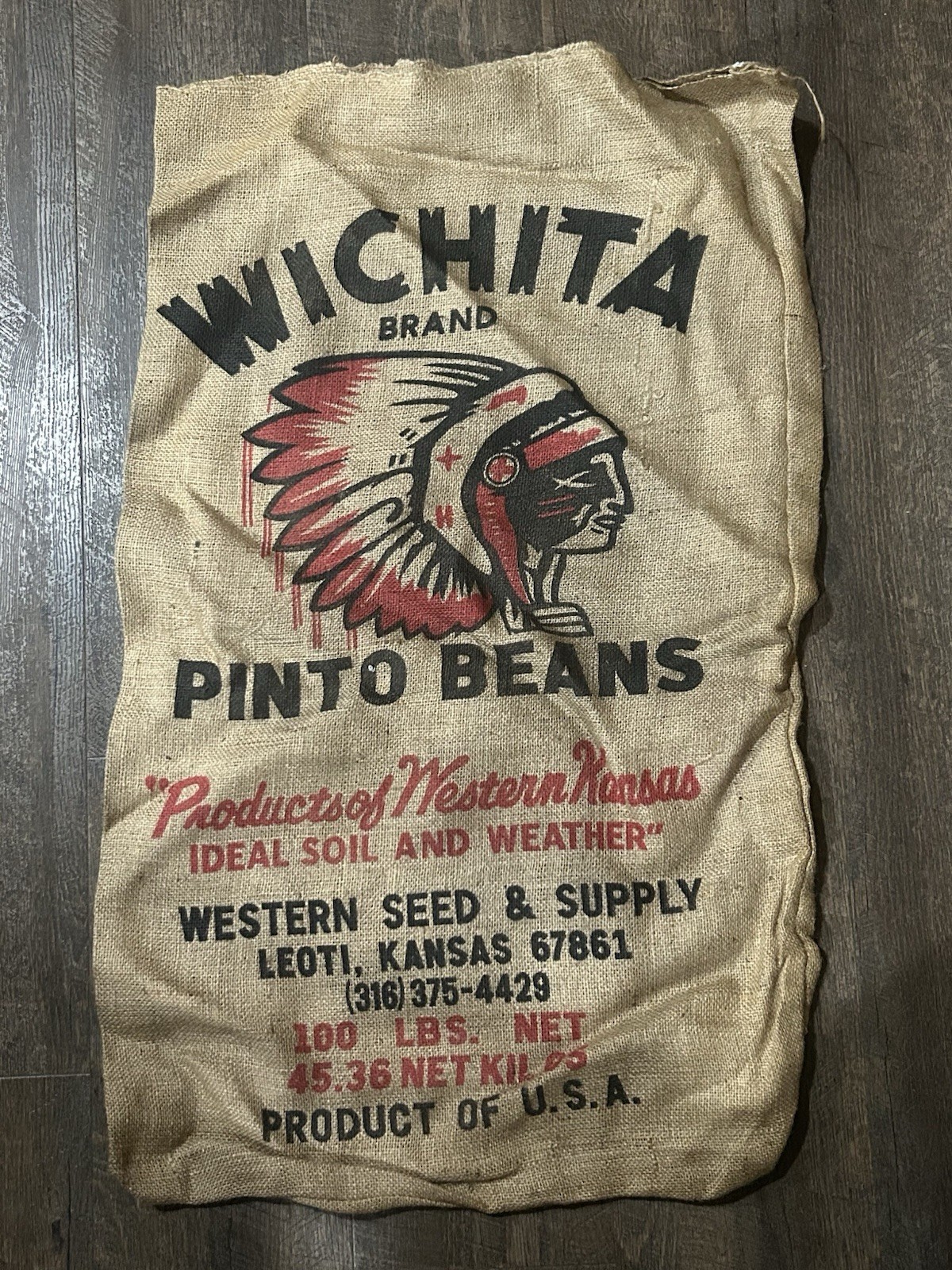 Vintage Wichita Brand Pinto Beans Burlap Sack Bag Indian Chief Kansas Unused
