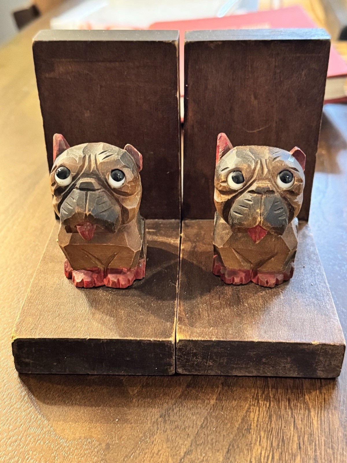 Vintage German Bulldog Pug Bookends Carved Wood Glass Eyes Black Forest Style
