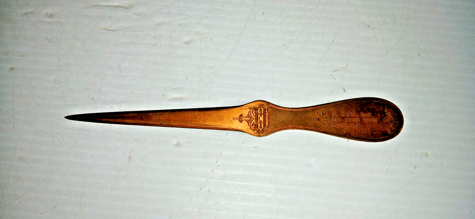 Vintage Wm. William S. Rice Rochester NY Advertising Letter Opener Brass? Copper