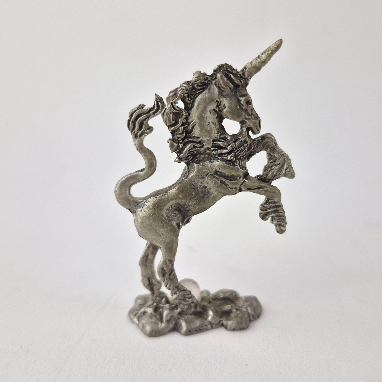 Vintage Pewter Rearing Unicorn Figurine with Faux Gem Ball - 2.25 Inches Tall