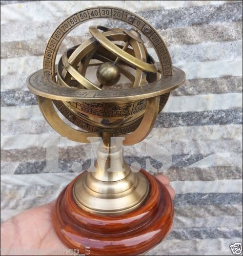 Vintage Brass Armillary Sphere Astrolabe On Wooden Base Maritime Nautical GIFT