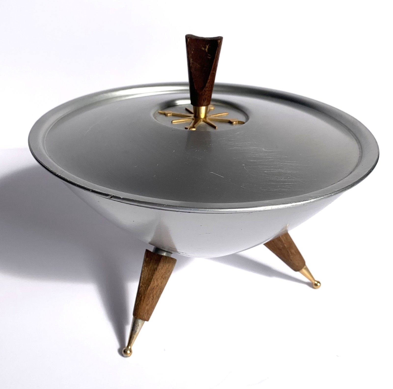 Mid 20th Century Rare Mirro Medallion Tripod Serving Bowl With Lid 1950s