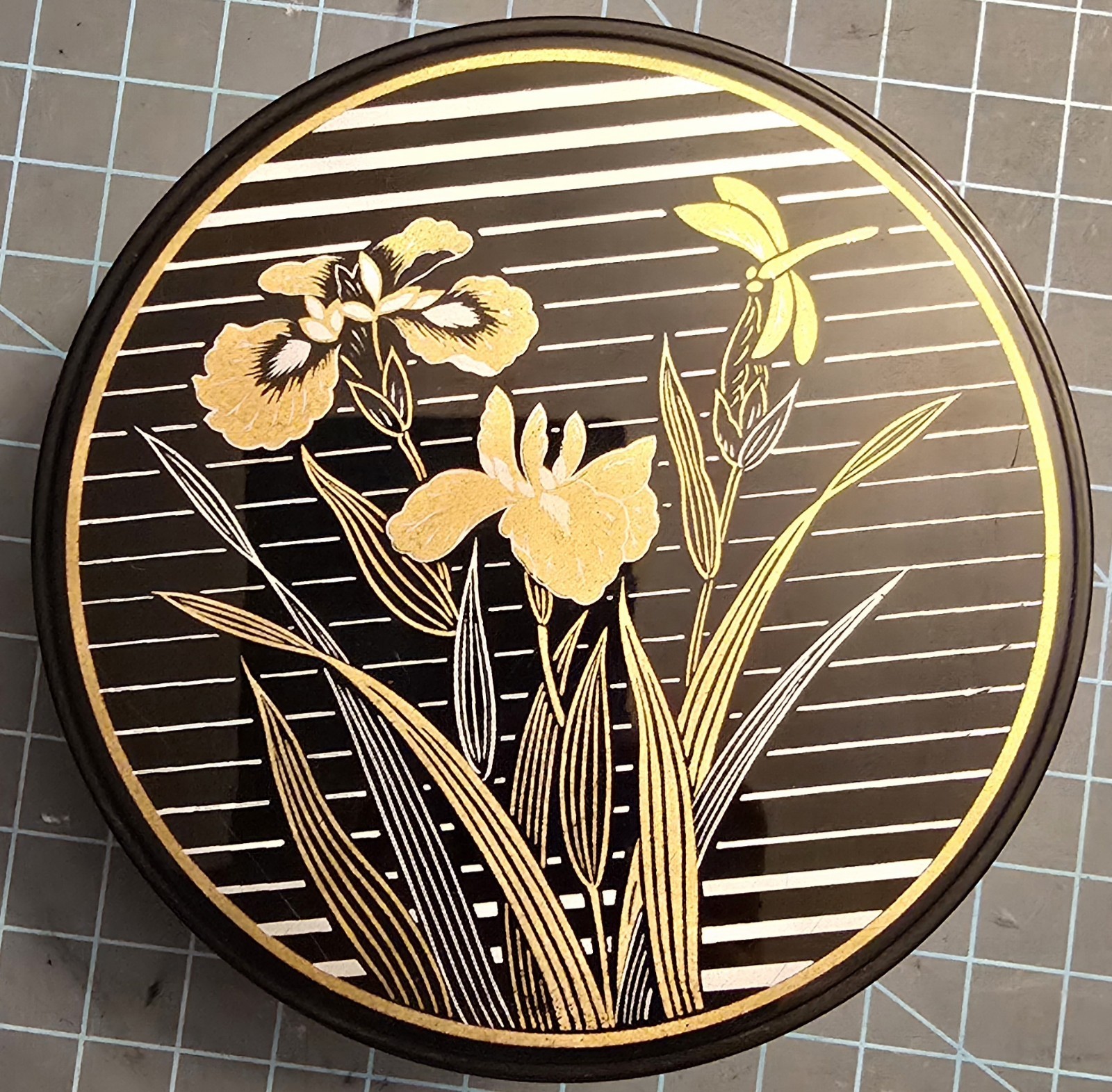VTG Mid Century Japanese Laquerware Set of 6 Coasters & Box Black, Silver & Gold