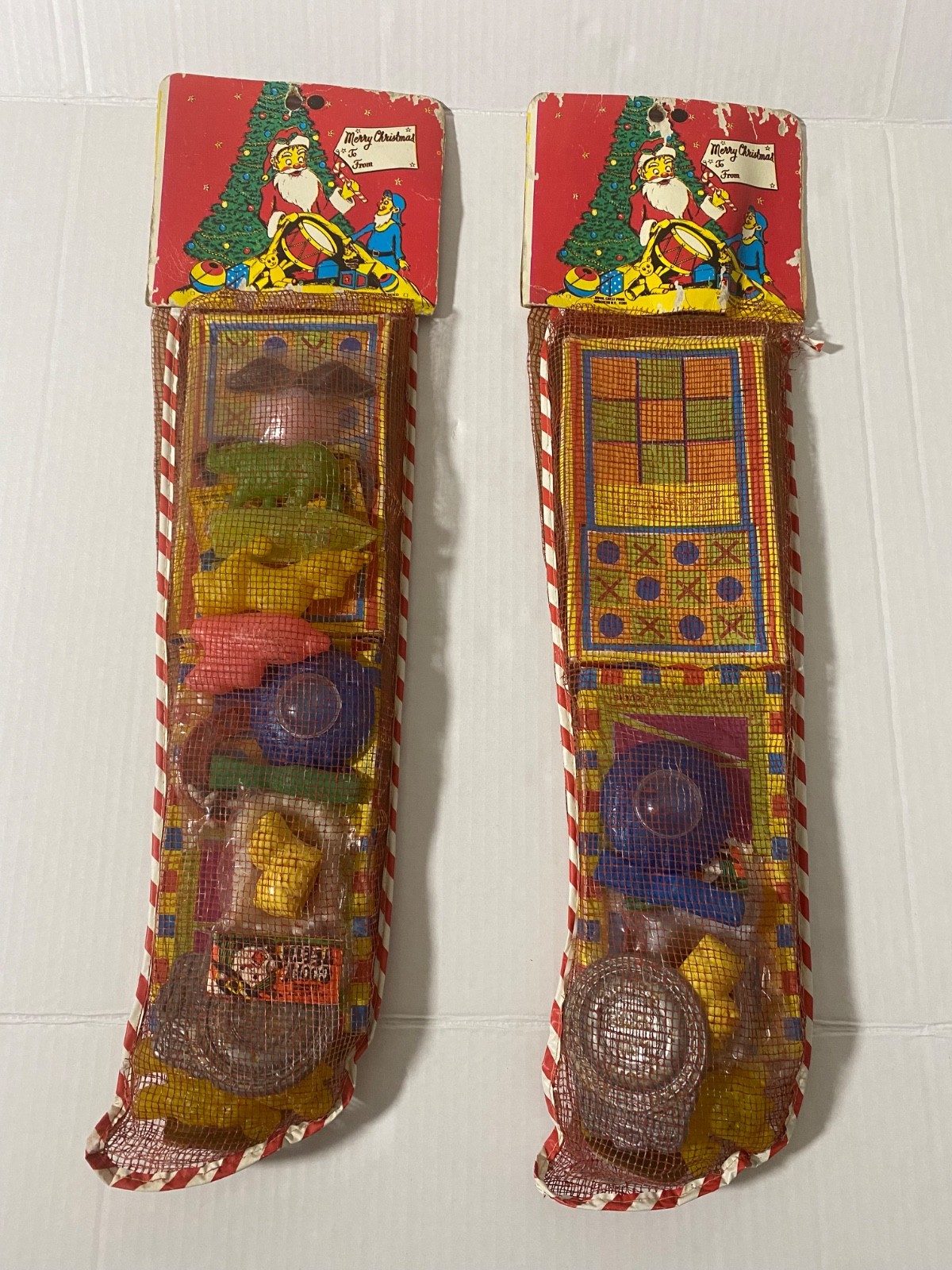 Vintage 1970's Dime Store Toy Filled Mesh Christmas Stockings Set of 2