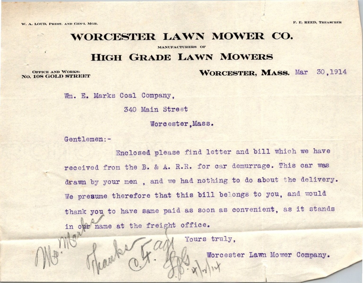 1914 Worcester Lawn Mower Co. Business Letterhead Ephemera Massachusetts RR