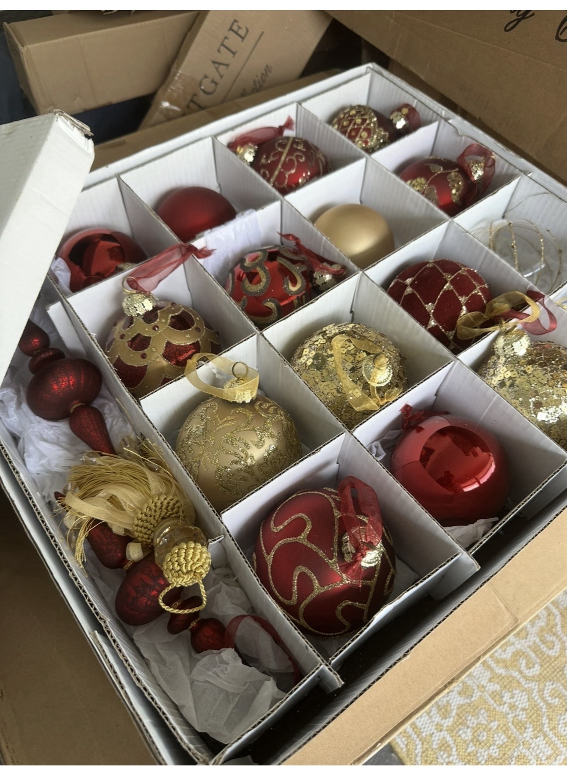 Frontgate Luxury Cristmas XL 4” Ornaments Red /Gold 40 Pieces NIB  -2 Boxes