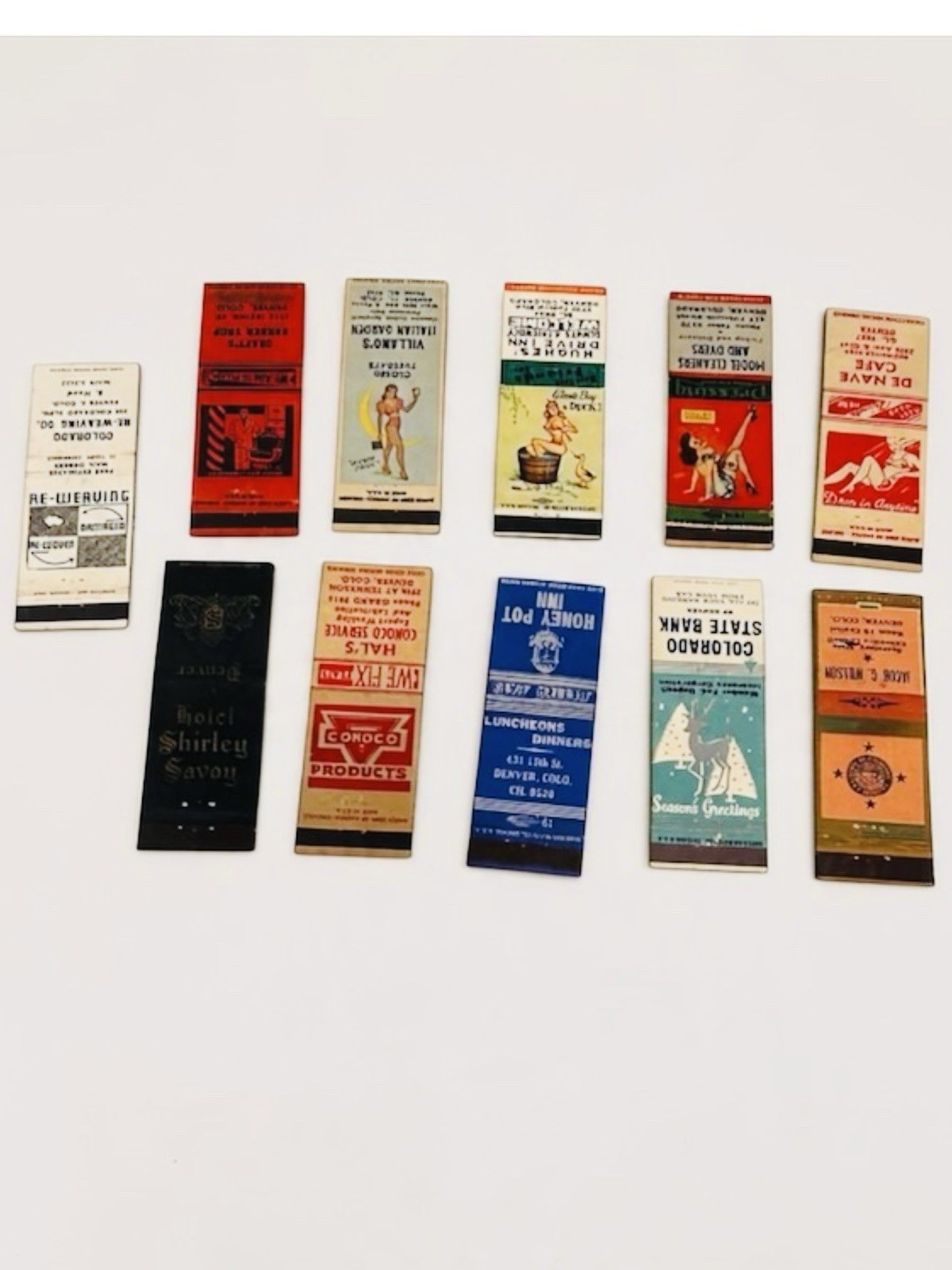 Lot of 11 VTG 1940s 1950s Denver Colorado Matchbook Covers Pinup Girls Conoco