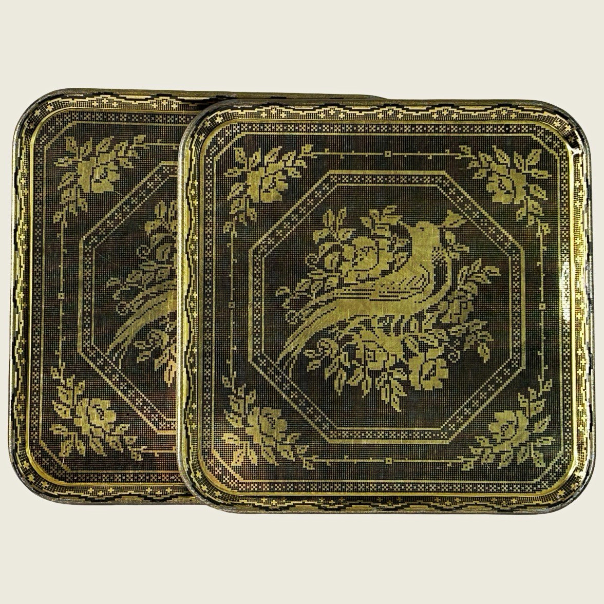 Vintage Pair of Petit Point Bird & Floral Tin Trays 10.75”sq