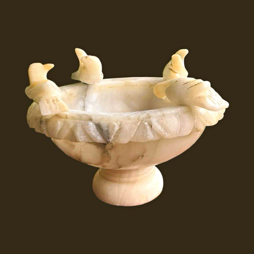 Vintage Carved Alabaster Birdbath Bowl 4 Birds Pedestal Trinket Dish