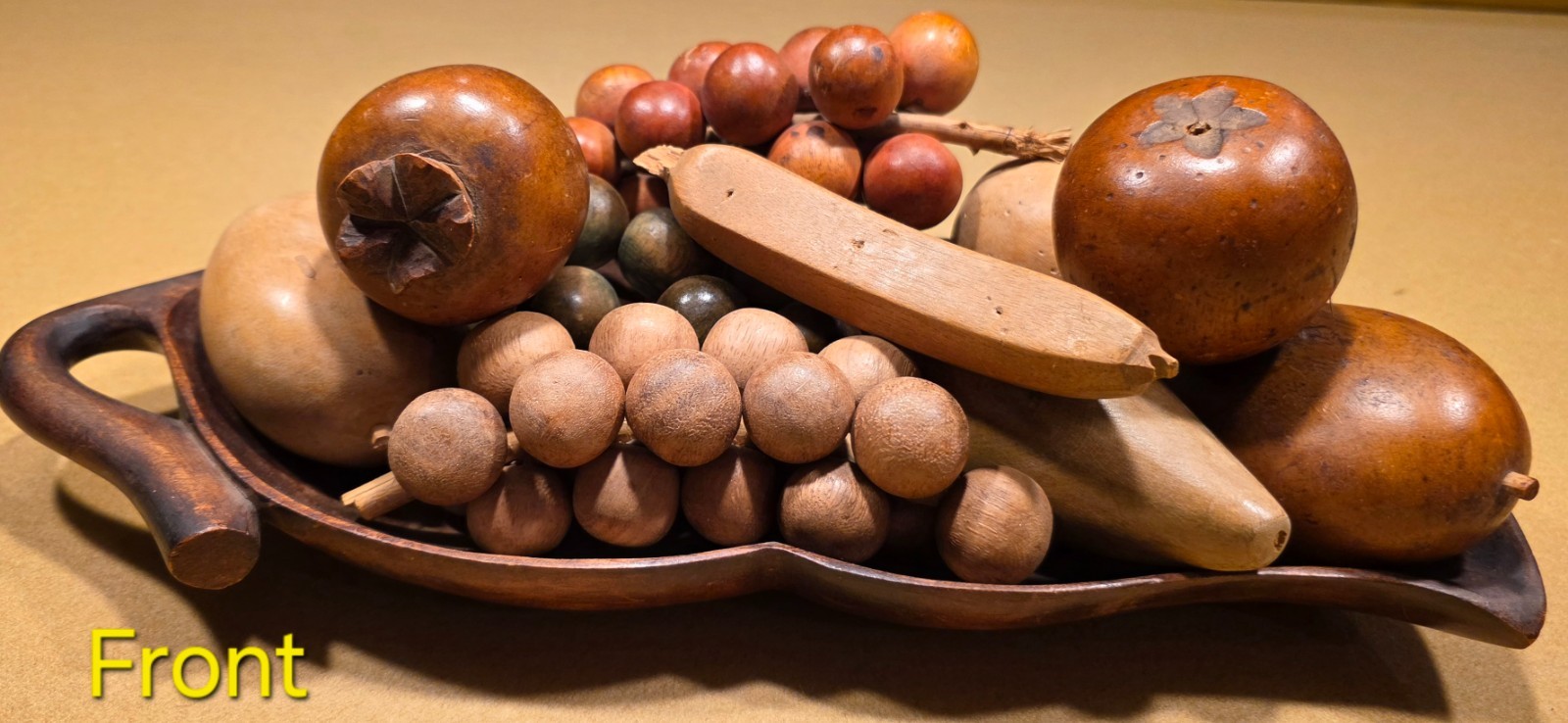 Vintage Wooden Bowl with 10 pcs. of Hand-Carved Fruit Fall Thanksgiving Decor