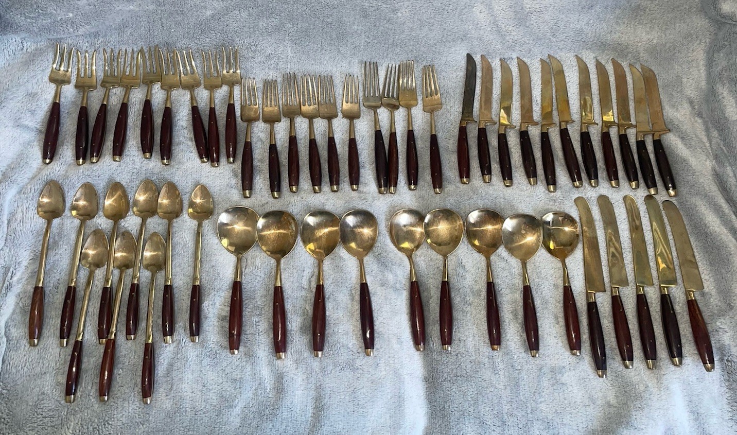 Vintage Rosewood And Brass Silverware Set Of 86 
