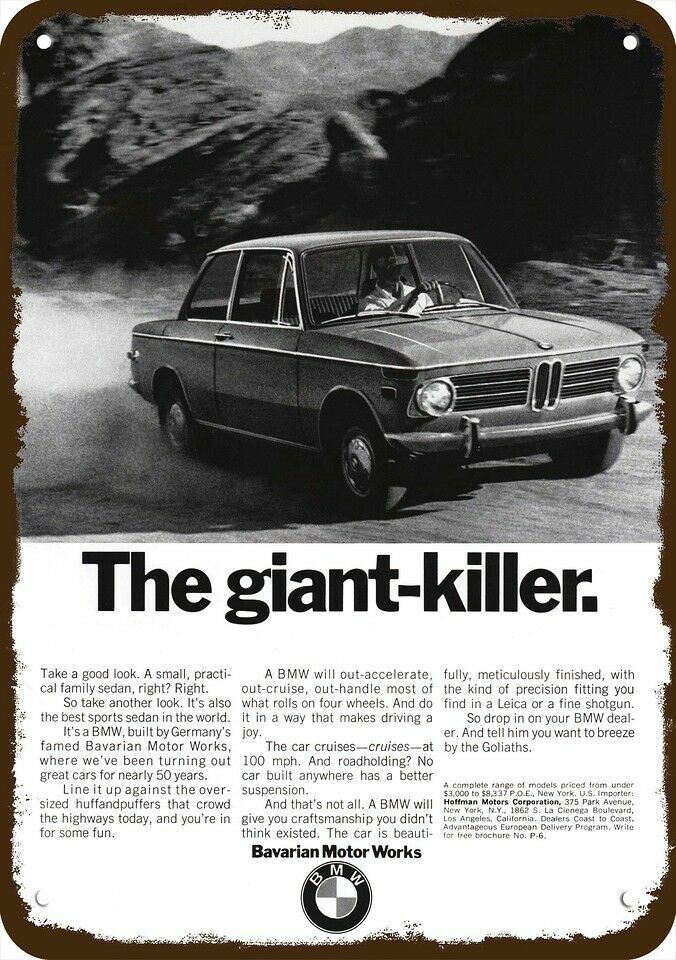 1970 BMW 2002 Sports Car GIANT KILLER Vintage-Look DECORATIVE REPLICA METAL SIGN