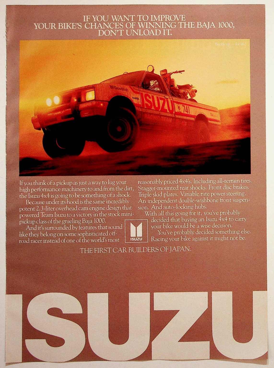 Isuzu 4x4 Pickup Truck Baja 1000 Vintage 1980s Magazine Print Ad