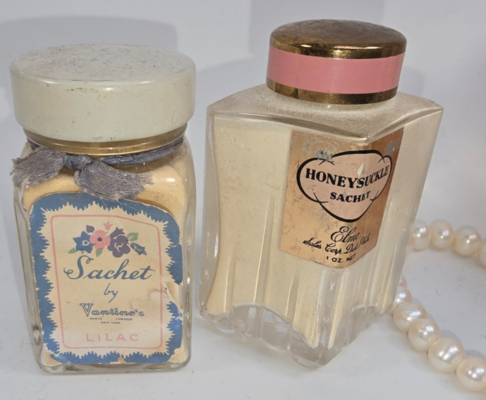 Rare Vintage Vantines Lilac & Elmo Honeysuckle Sachet Powder Bottles Lot