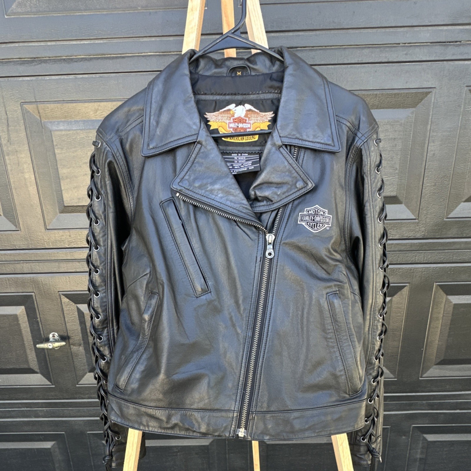 Harley-Davidson Black Leather Moto Jacket Lace-Up Sleeves Size M Vintage 2002