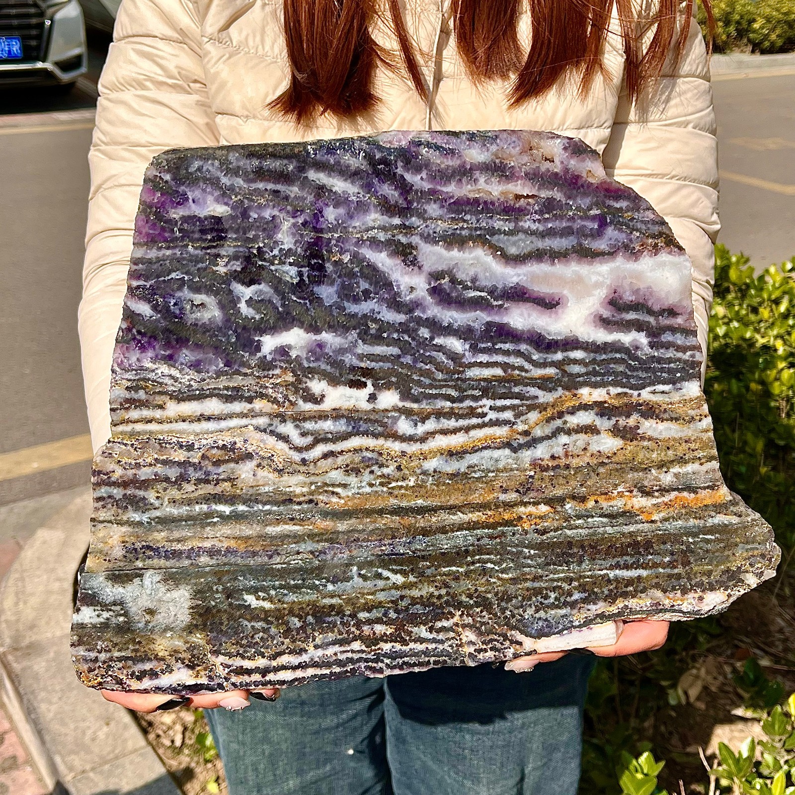 7.03LB Natural banding zebra calcite quartz polished slab crystal reiki healing