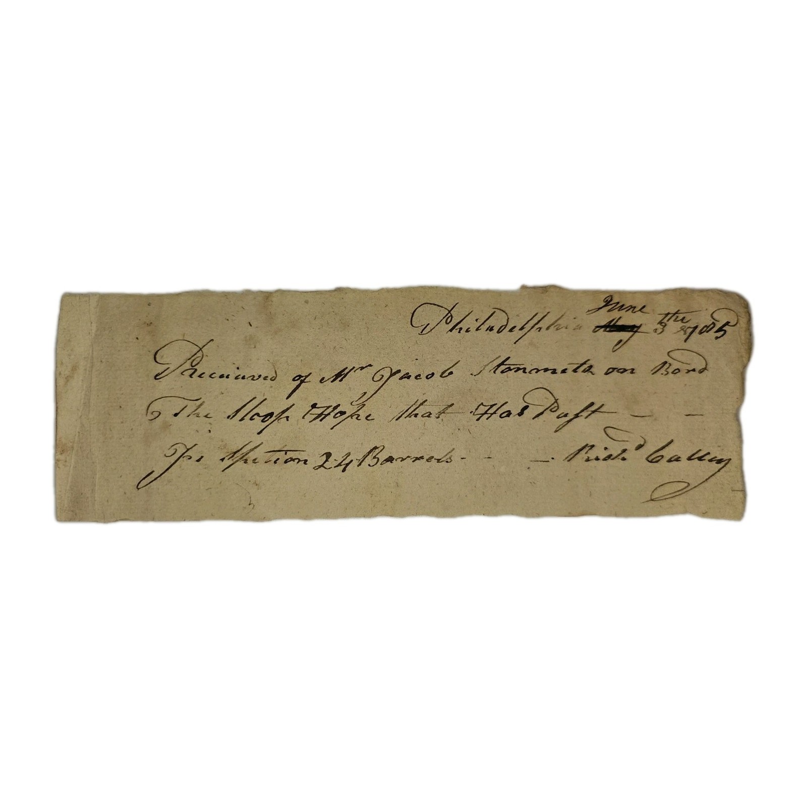 1785 Philadelphia Shipping Receipt – Sloop Hope – 24 Barrels Flour – Rich Calley