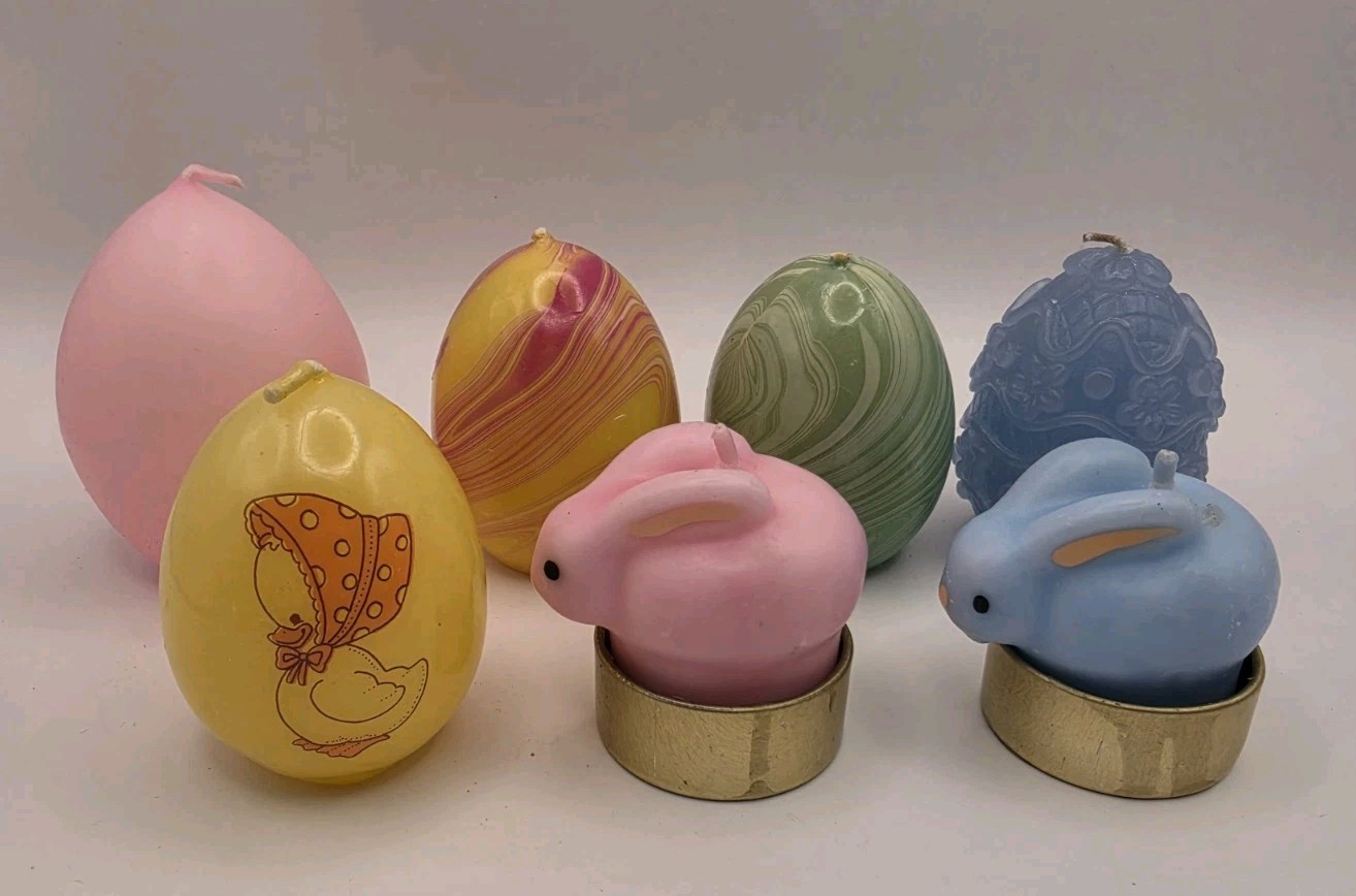 Lot Of 7 Easter Candles DUCK , MARBLE , 3D RELIEF,  PLAIN - Enesco 1985 Vintage