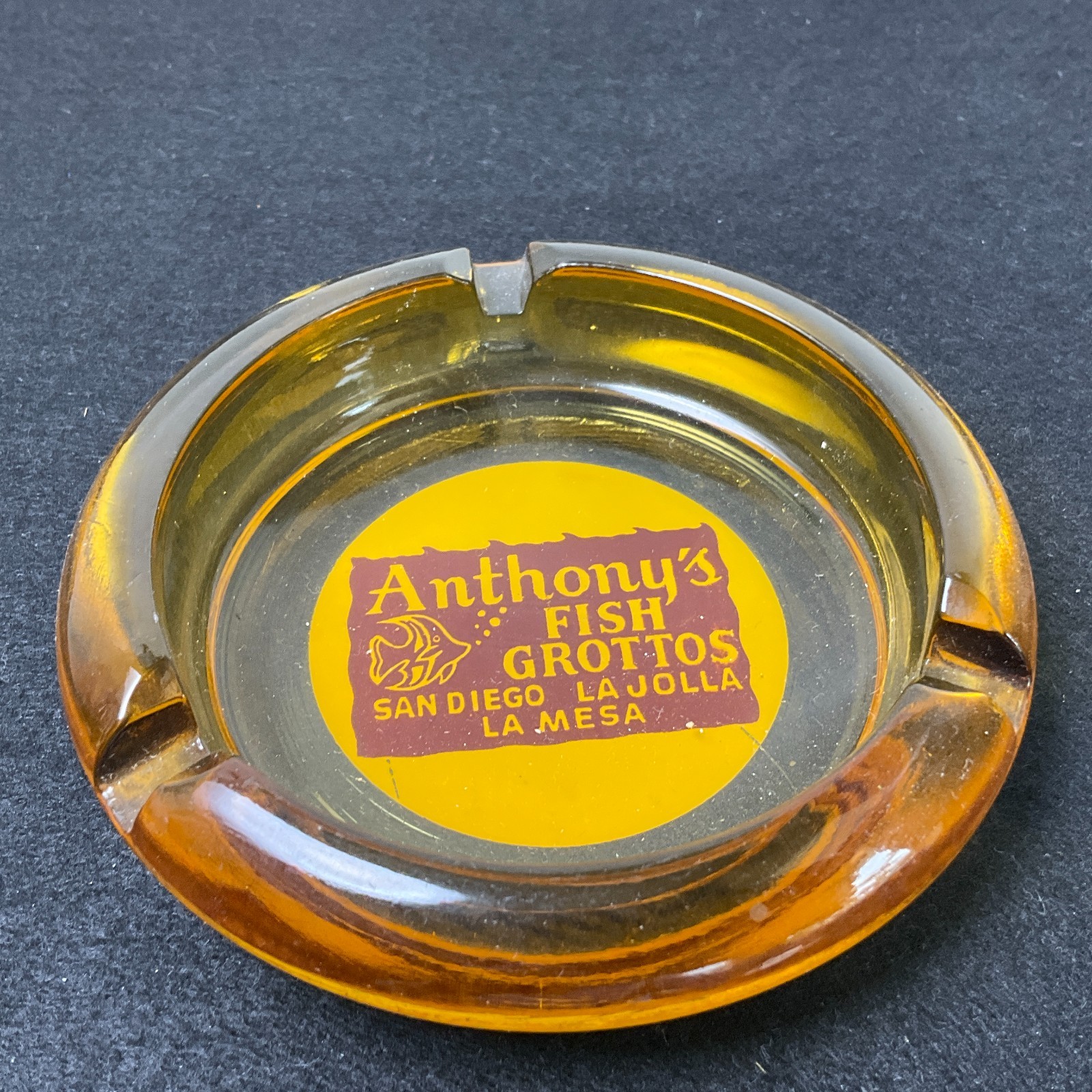 Vtg Ashtray Anthony's Fish Grottos San Diego, La Jolla, La Mesa Yellow Grass MCM