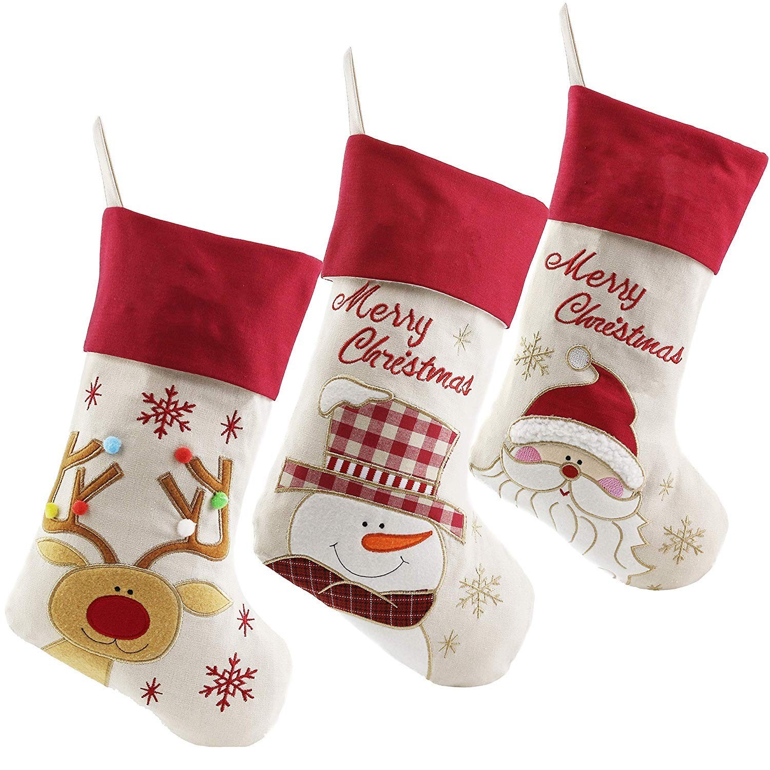 Vintage Christmas Stockings Set of 3 - Santa, Snowman, Reindeer - Large Knit Dec