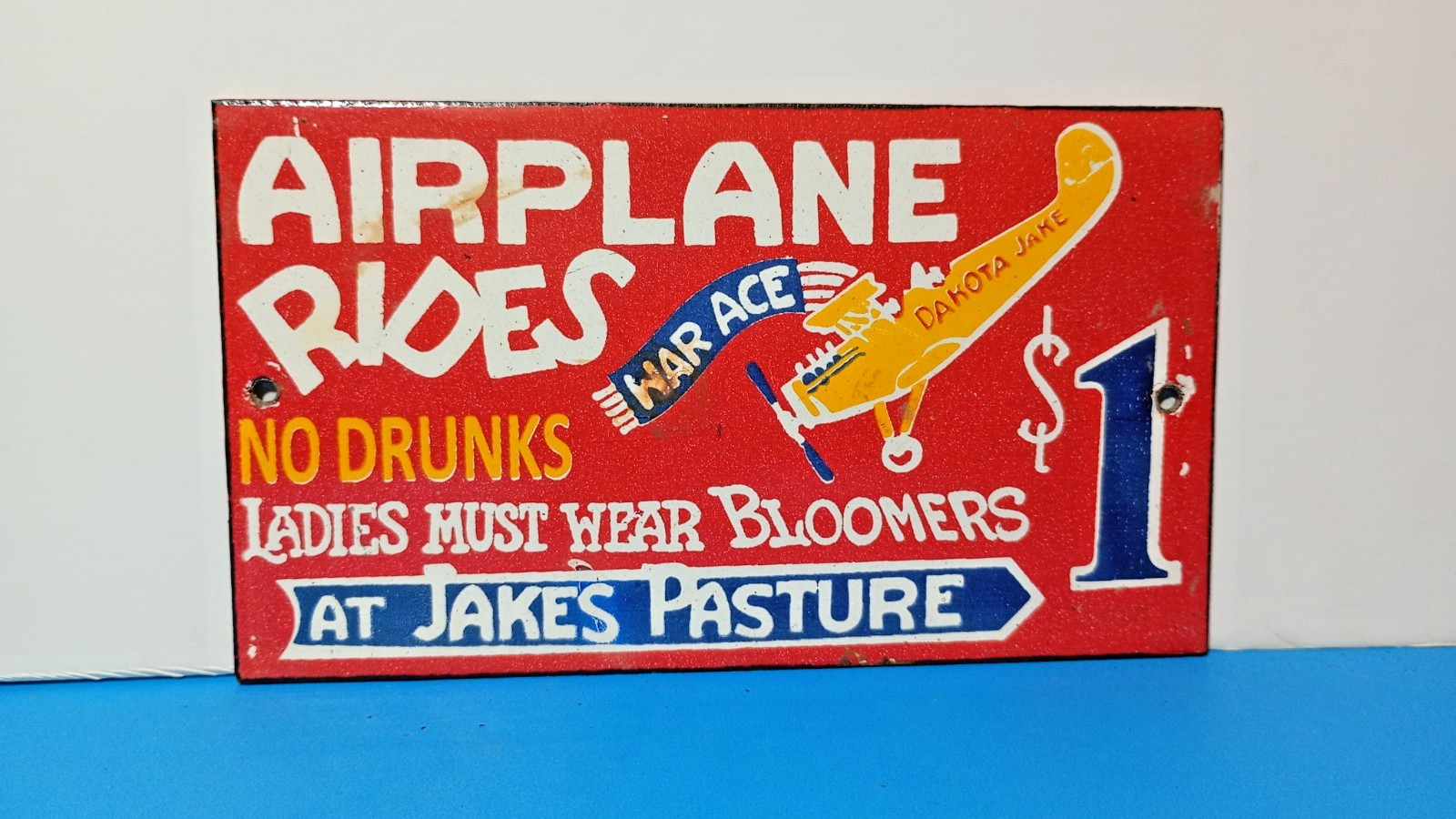 Vintage AIRPLANE RIDES at Jakes Pasture Porcelain Enamel Metal sign 7