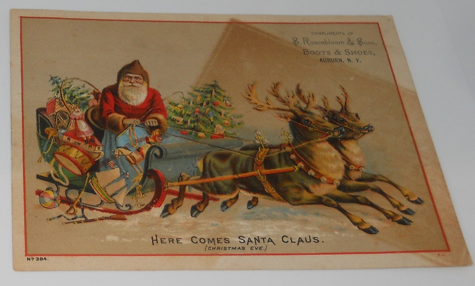 Vintage Here Comes Santa Claus Christmas Victorian Trade Card Rosenbloom & Sons
