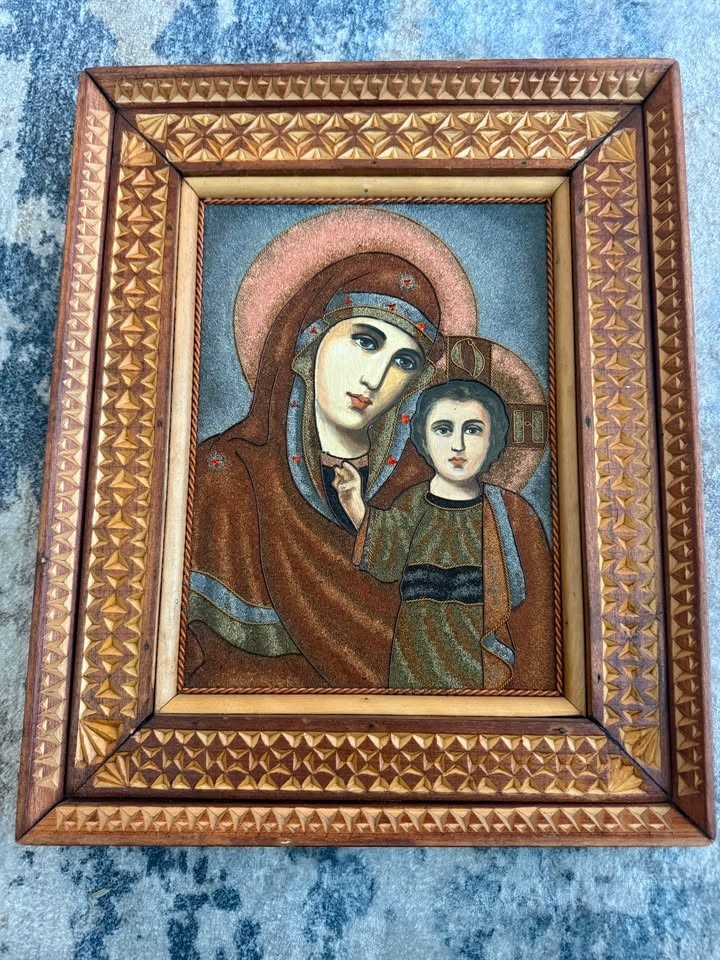 Vintage Ornate Carved Wood Framed Mosaic Icon Virgin Mary and Child EXCEPTIONAL