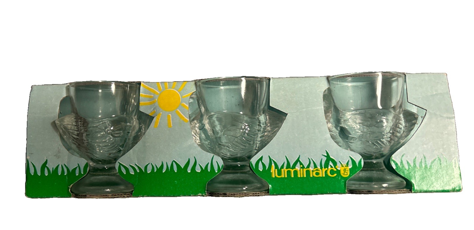 Vtg Set 3 Glass Chicken Hen Nest Egg Cups Luminarc France NIB