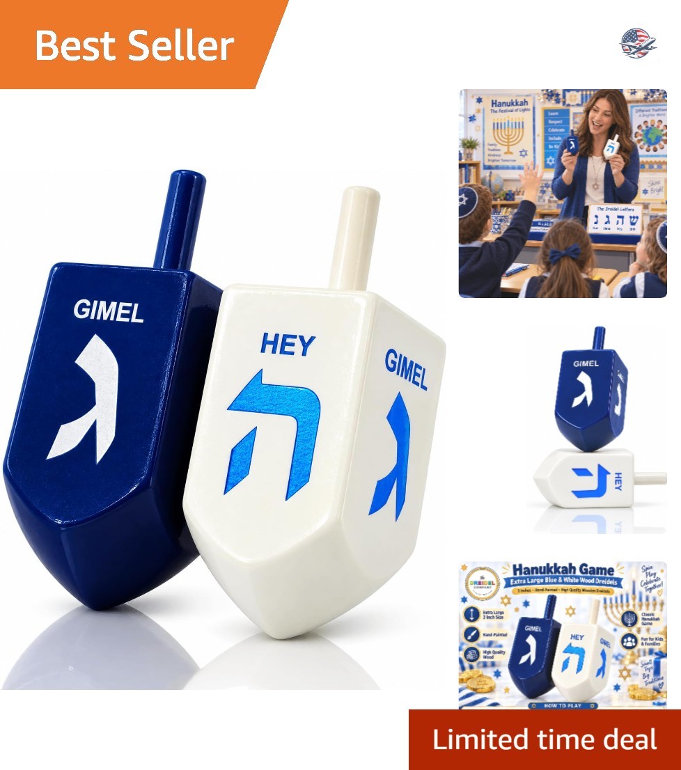 Fun 3-Inch Wooden Dreidel Set - 2-Pack Blue & White for Hanukkah Celebrations
