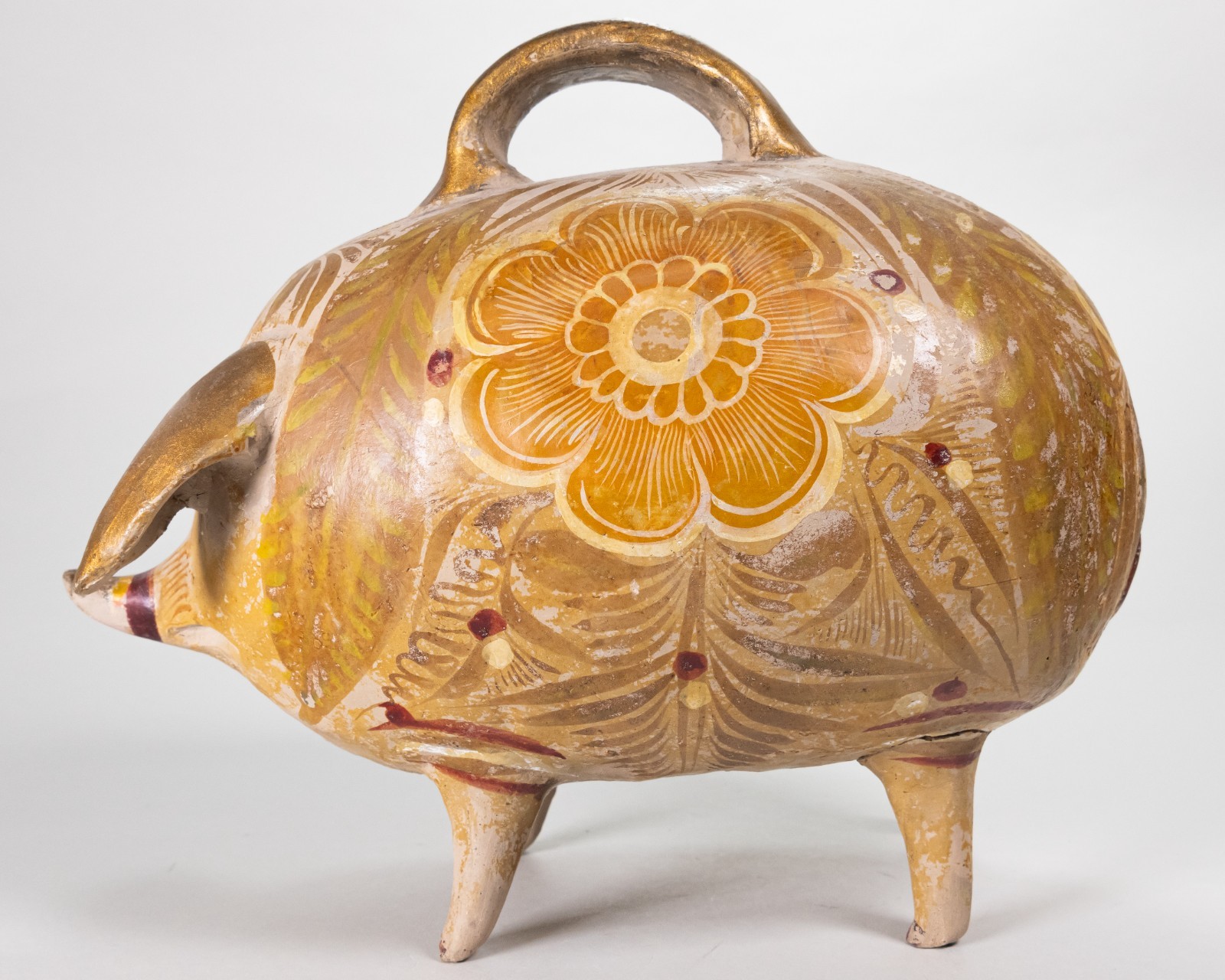 c.1900 Antique Tlaquepaque Mexican Pottery Piggy Bank with Handle