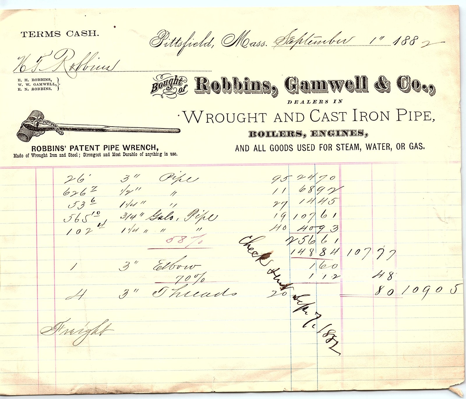 1882 Pittsfield MA Robbins, Gamwell & Co. Plumbing Bill